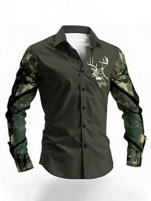 Men's Outdoor Hunting Style Deep Green Long Sleeve Shirt, Camouflage Sleeve Deer Head Print Patchwork Design, Suitable For Outdoor Hunting, Casual, Commuting, Gathering With Friends In Spring And Autumn - Dark Green - View 8