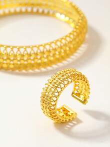 2件套复古镂空雕花手镯戒指套装，适合日常佩戴、聚会、节日、送礼。 - 金黃色 - 查看 8