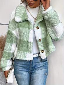 Women's Sherpa Fleece Plaid Crop Jacket - Multi-Color Cozy Casual Outdoor Coat SherpaFleeceJacket PlaidOutdoorCoat - 綠色 - 查看 2