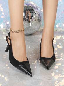 7cm Black High Heel Pumps, Peep Toe Party Heels, Formal Slingback Pointed Toe Sandals - Black - View 3