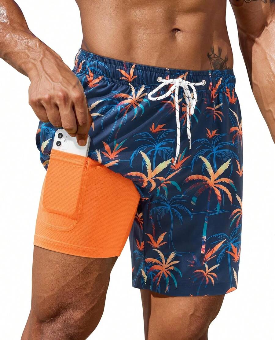 7inch Mens Swim Trunks: With Compression Liner Zipper Pocket Drawstring Quick Dry Stretch Lined Tree Beach PoolA Valentine's Day EEC3 - Navy Coconut Tree - View 1