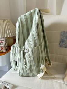 Mint Green Textured Striped Backpack, Oversized Capacity Casual Commuter Backpack, Versatile Student Bookbag - Green - View 6