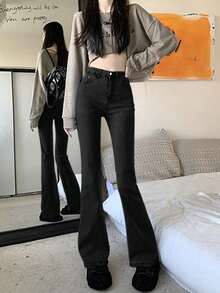 Women's New Slim Fit Solid Color High Waist Flare Jeans Casual Black Spring Fall - Black - View 3