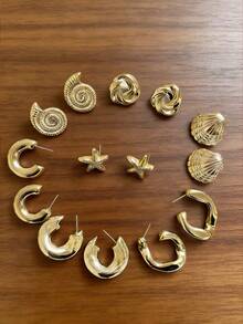 7对时尚金色海星贝壳不对称耳环，适合海滩、旅行和日常佩戴