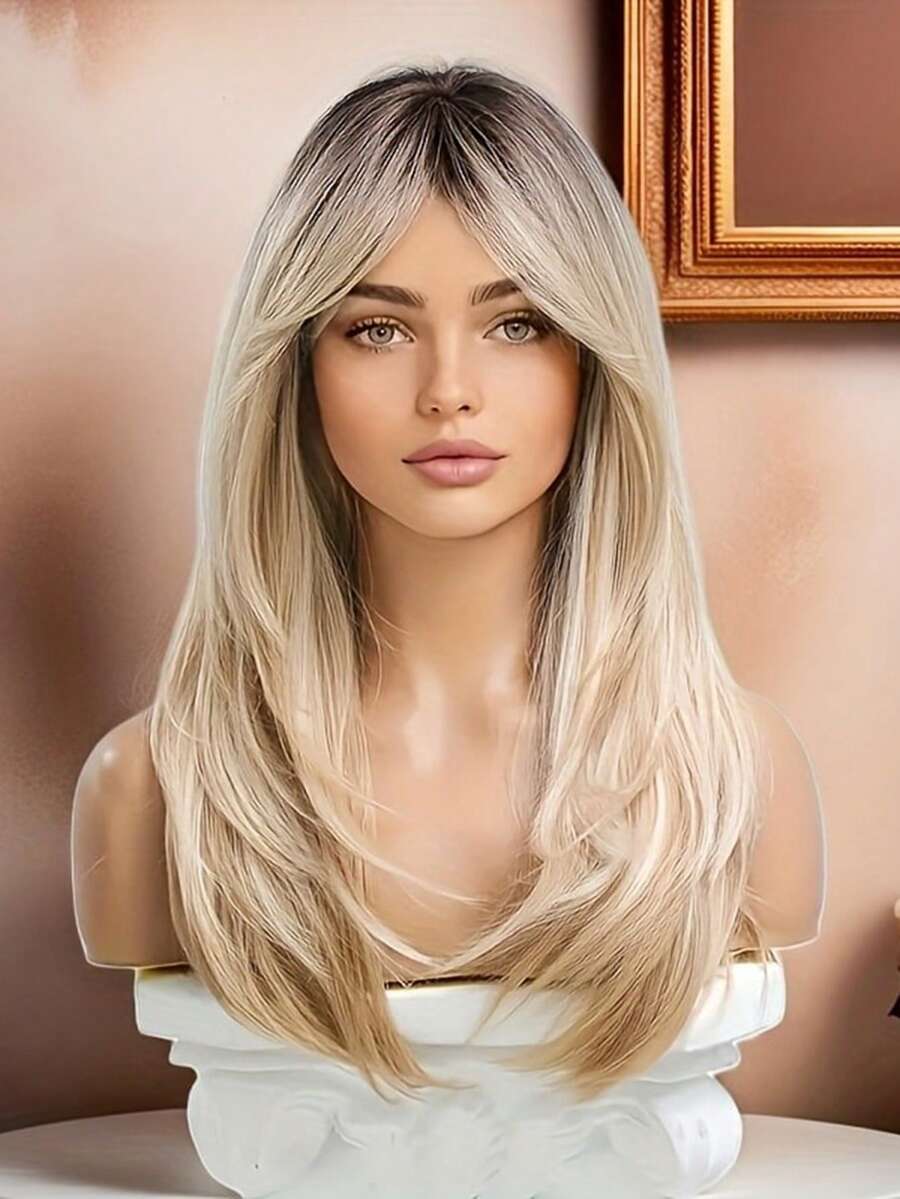 金色挑染刘海女士假发，耐热合成假发，适合初学者，优雅卷发造型，玫瑰网帽，适合日常佩戴，母亲节、生日礼物及派对场合，派对假发 | 挑染假发 | 耐热假发 - 彩色 - 查看 1