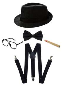 5件套 D EXCEED 1920年代男士黑帮角色扮演服装配饰套装，包括软呢帽、道具眼镜、预系领结和背带 - 适用于派对、化装舞会、复古派对和黑帮角色扮演服装