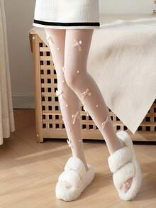 1 Pair Women's Sheer Pantyhose With Charming Bow And Pearl Decor, Suitable For Daily Wear In Summer - Multicolor - View 3