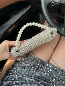 Women's Evening Bag, Pearl Clutch, Flap Cover Bag, Pearl Chain, Sparkling Rhinestone Decor, Shoulder Crossbody Bag, Matching Wedding Gowns, Formal Dresses, Cheongsam, Suitable For Weddings, Banquets, Gatherings, Birthdays, Parties, Balls, Holidays, And An Ideal Gift For Women - White - View 3