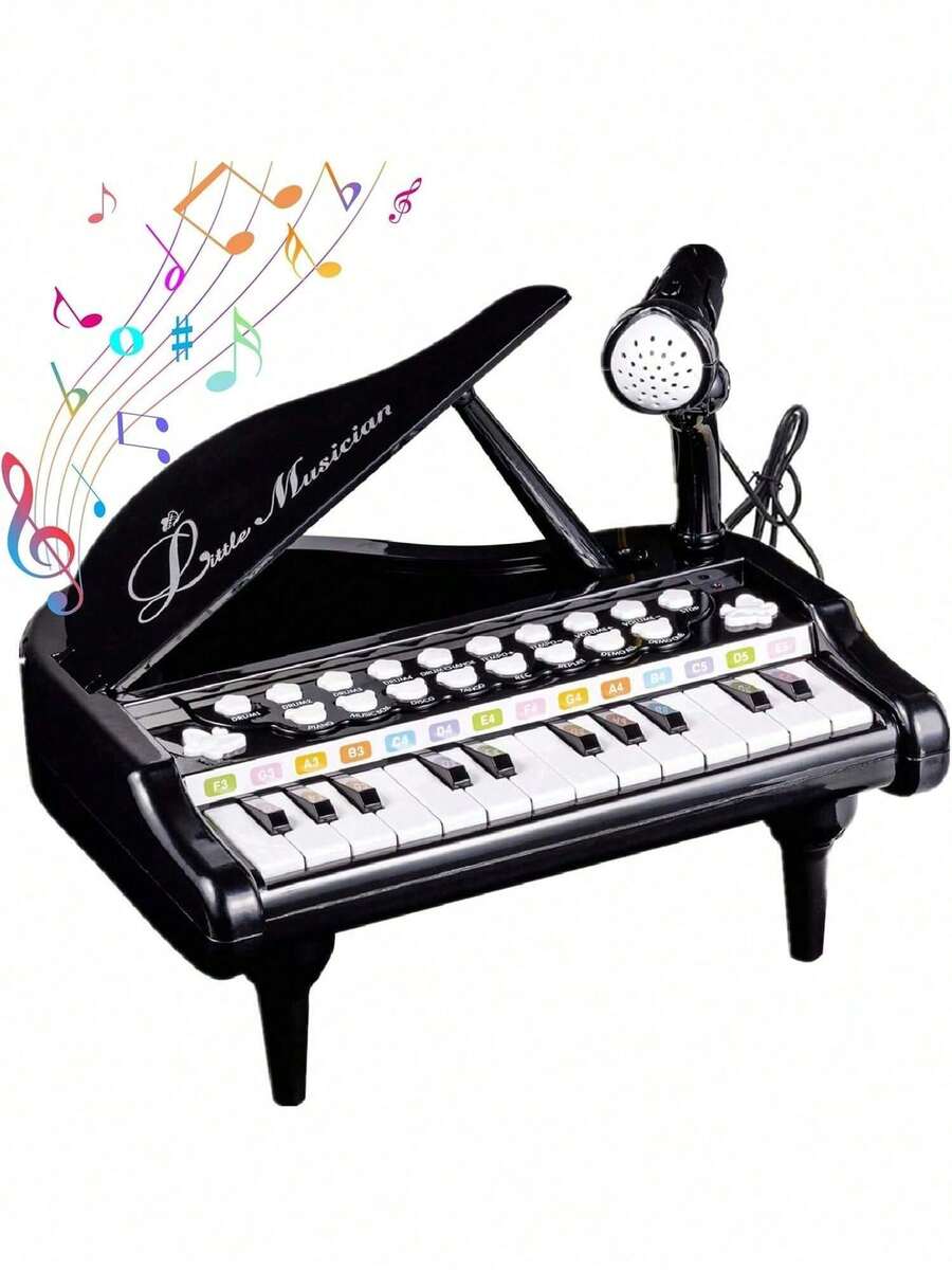 Piano De Juguete Para NiñOs, Teclado De Piano ElectróNico 24 Teclas Con MicróFono, 3 Modos De EnseñAnza, Ritmo Colorido Luminoso, Juguetes De Instrumentos Musicales Regalos Divertido Para NiñO NiñA - Negro - Ver 1