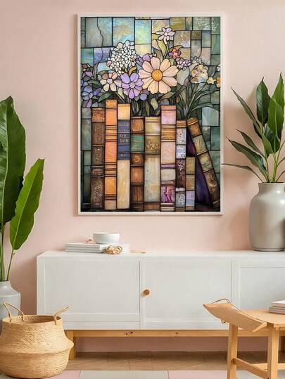 1pc Stained Glass Book Wildflower Poster Print Vintage Flower Floral Wall Decor, UFO Wildflowers Poster Print Oil Painting Night Sky Floral Wall Art Artful Alien Believer Wall Decor, The Ideal Gift For Friends, Bedroom Art Print, Living Room Decor, Office Decor, Bathroom Decor, Wall Arts, Wall Decor, Home Decor, Room Decor, Canvas Wall Art, Posters, Wall Art With Frame, Optional Frame ﻿ ﻿