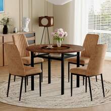 Dining Table Set: Modern Minimalist Dining Table Made Of Safety Glass With A Diameter Of 85 Cm, Combined With 4 Brown Dining Chairs Made Of High-Quality High-Tech Fabric, For Living Area, Dining Room & Kitchen. - Camel - View 4