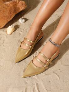新款时尚女士尖头玛丽珍鞋，配蝴蝶结，春夏休闲平底凉鞋 - 金色 - 查看 3