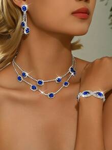 4件套水钻首饰，包括（1条项链+1对耳环+1条手链），时尚百搭，适合女性日常佩戴、婚礼、派对和其他场合。 - 848592 - 查看 1