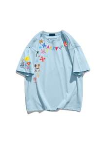 Women's Summer Letter Print Round Neck Loose Casual T-Shirt, Versatile Daily Casual Style. Distinctive Graphic Tee, Women's Light Blue Top, Vacation - Light Blue - View 7