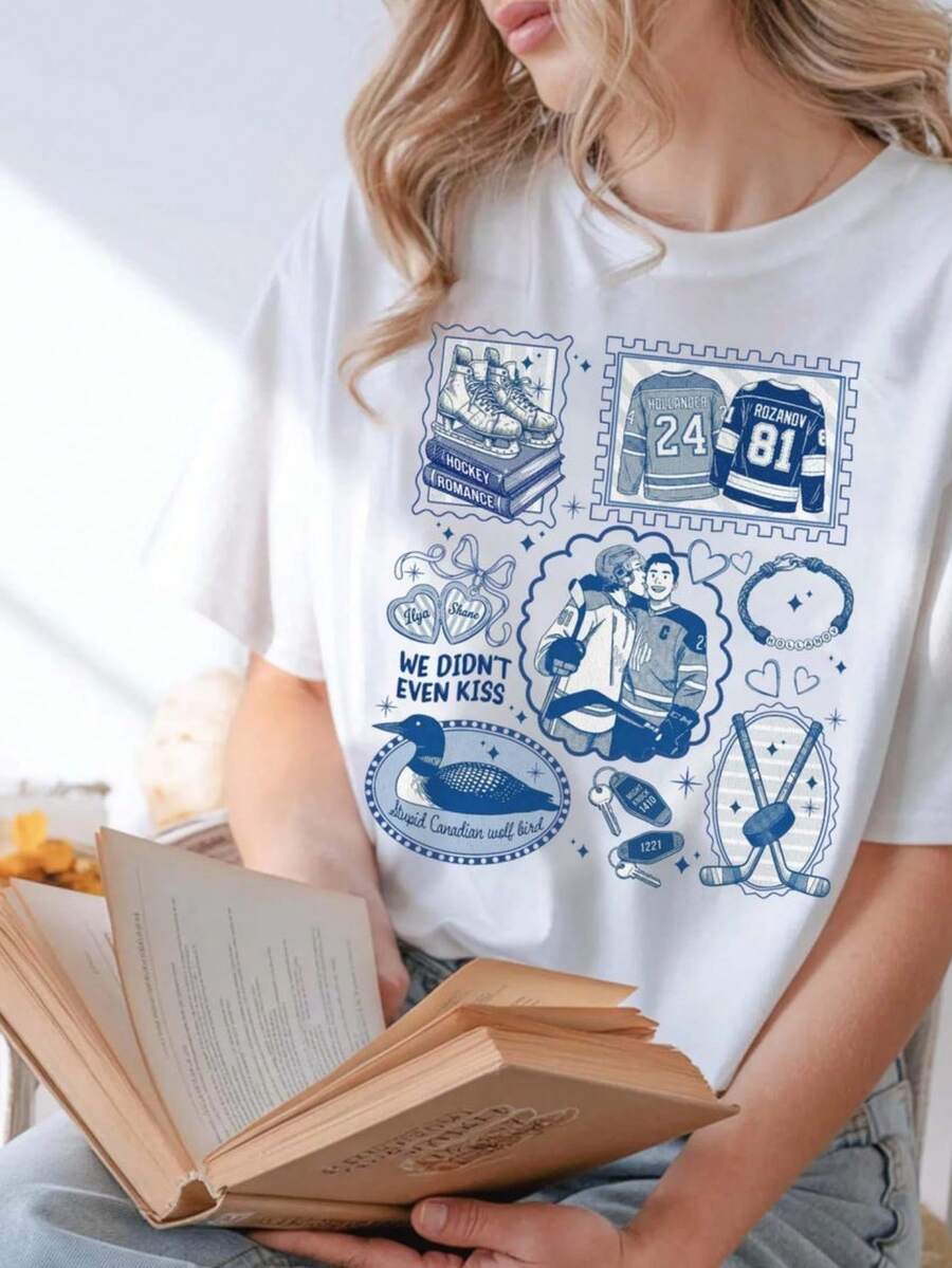 1PC Women's Plus Size Valentines Shirt We Didn't Even Kiss Shirt , Couple Heated Rivalry Tshirt, Hockey Romance Book Tshirt, Hot Book Movie Fan Gifts - trắng - Xem 1