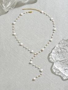 2pcs Heart Shaped Pearl Necklace Beaded Necklace, Stainless Steel Women's Collarbone Chain And Y-Shaped Necklace, Suitable For Women's Daily Wear Or Gifting, Perfect Valentine's Gift - Gold - View 5