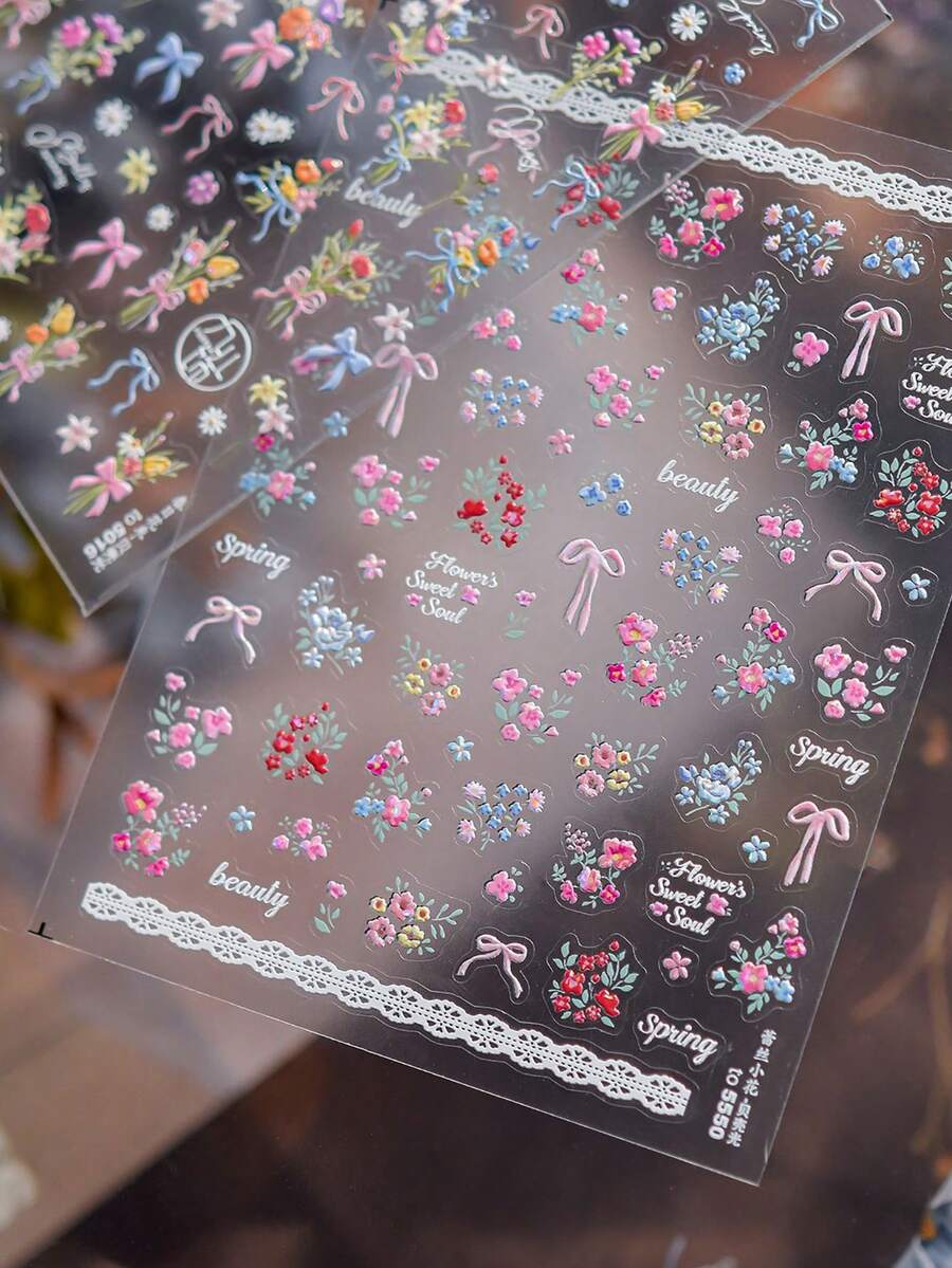 1 Sheet Spring Colorful Flowers Bow Nail Charms Stickers 5D Embossed Design Nail Art Stickers DIY Manicure Elegant Decoration Decal For Women Valentine's Day Gift Nails Nail Supplies - Multicolor - View 1