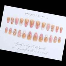 3D Pink Press On Nails Almond - Medium French Tip Fake Nails With Embossed FlowerandGold Bead Designs Glossy Finish Reusable False Nails With Glue Tabs - 24Pcs Nail Kit For Women Manicure - 芥末黃 - 查看 6