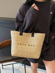 Duża pojemność, swobodna torba wakacyjna ze słomy, minimalistyczna, elegancka damska torebka na ramię - Czarne - Zobacz 4