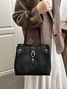 1pc Women's Fashionable Commuter Solid Color Tote Bag, Portable Versatile Large Capacity Shoulder Bag, Suitable For Dates, Shopping, Gifts, Work - Black - View 5