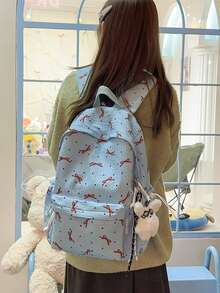 1pc Colorful Large Capacity Bow Polka Dot Print Women's Backpack, Nylon Material, Multi-Pocket Handbag With Adjustable Shoulder Strap And Spacious Compartments, Lightweight Casual Travel Backpack Suitable For Daily Use, Outings, Travel, School, Comes With Pendant - Blue - View 4