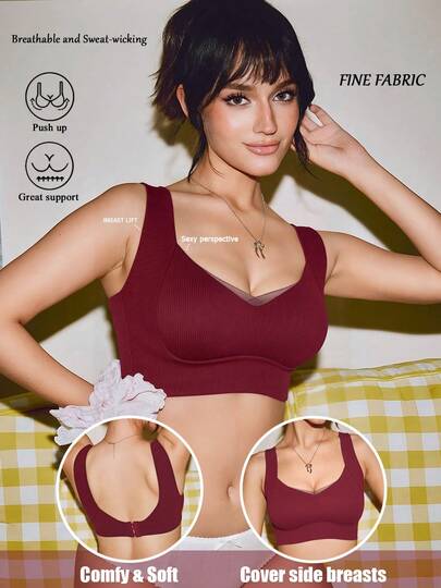 Women's Intimate Apparel, Skin-Friendly Lift And Support Bra, Romantic French Casual Comfortable Minimalist Underwear, Mature Charming Breathable Fabric Elegant Wine Red Bra, Women's Sports Base Layer French Elegant Underwear