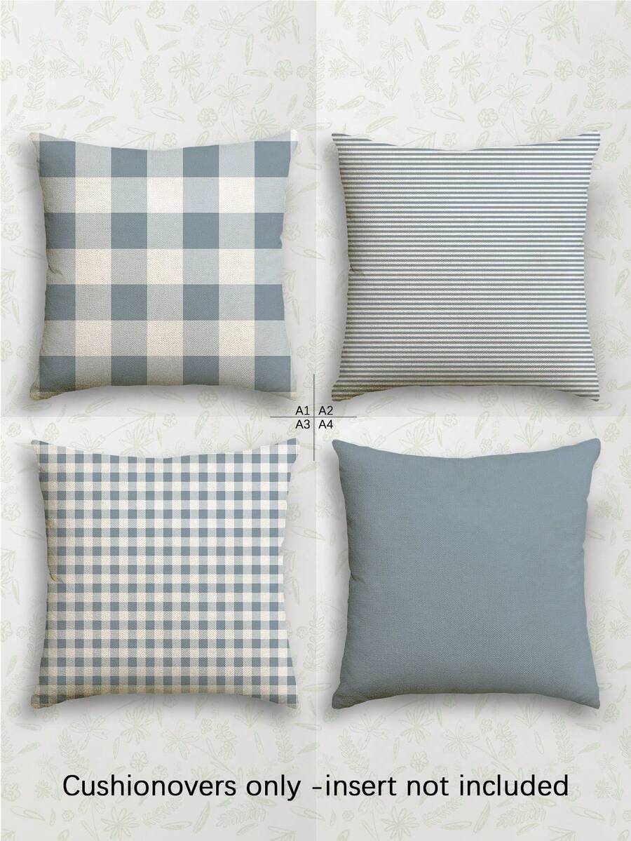 4 件装浅蓝色简约格子单面印花枕套，网格图案枕套，柔软亚麻网格枕套，不含枕芯，清新简约风格，家居装饰沙发靠垫套，方形仿亚麻抱枕套，现代沙发装饰枕套，不含枕芯 - 淺藍色 - 查看 1