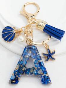 1PC Boho Nautical 26-Letter Resin Keychain - Blue & Golden Initial Pendant With Starfish/Shell/Tassel Charms, Fashionable Key Ring & Couple Bag/Backpack/Beach Bag Charm, Ideal Holiday Gift For Valentine's Day/Birthdays/Parties - Royal Blue - View 3