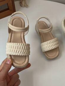 Girl's Hook And Loop Ankle-Strap Platform Sandals - Ruffled Upper & Woven Sole - Beige - View 3