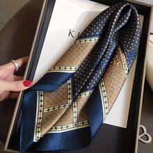 Classic Navy Blue Square Pattern Scarf Satin Silky Texture All Seasons Beach Party Holiday Gift - Dark Blue - View 4