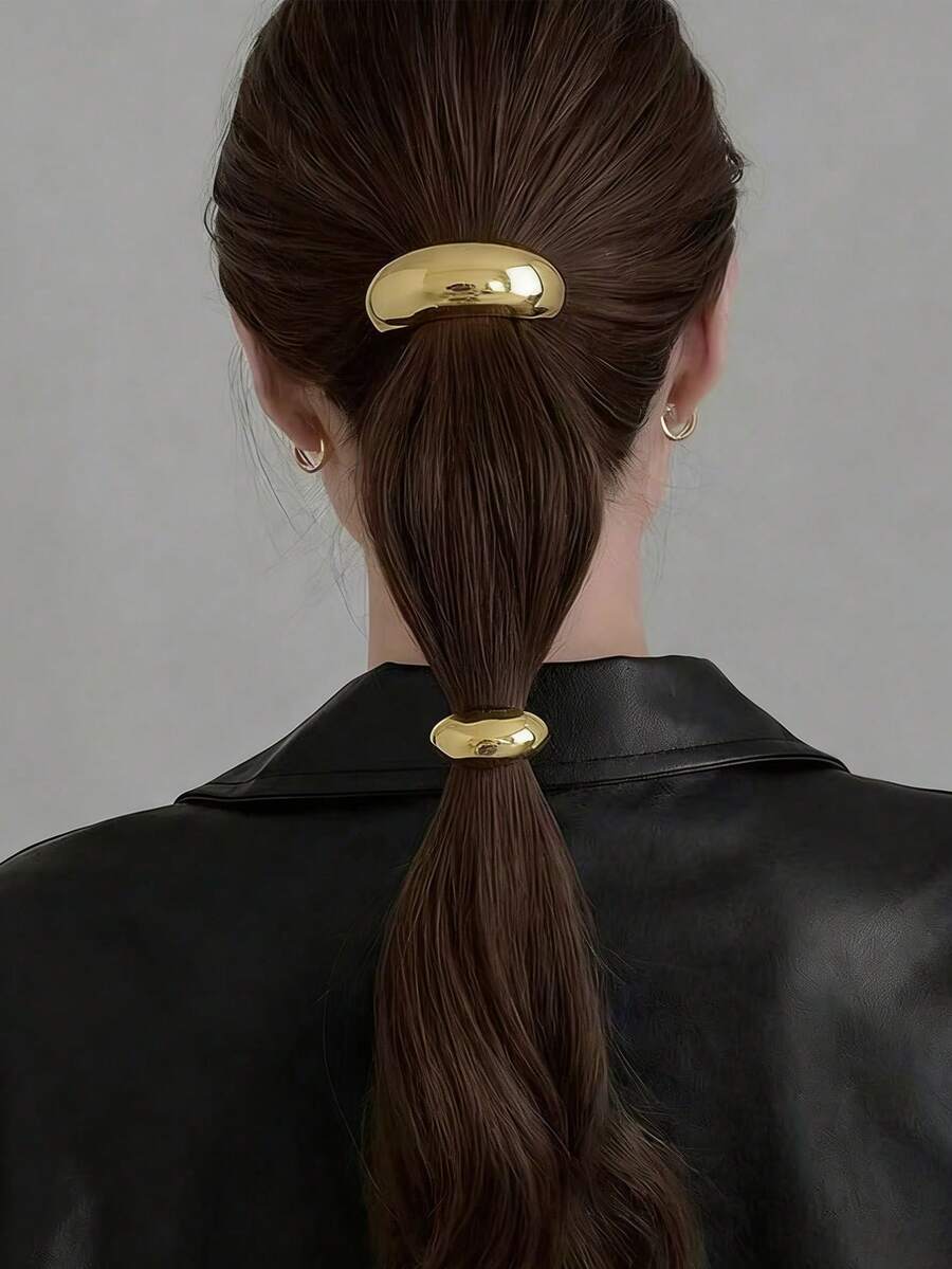 2个/1个女士金色金属发圈，几何图案弹力发绳，适合浓密头发，优雅复古设计，生日和特殊场合的完美之选，可调节且用途广泛，可作马尾辫发圈、发圈、橡皮筋发带、发绳。 - 彩色 - 查看 1