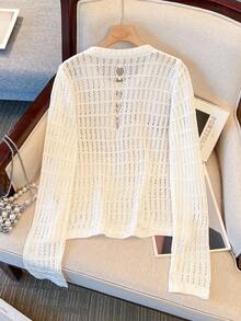 Hollow Out Knit Pullover Top, Round Neck Long Sleeve Beachwear Cover Up, Sun Protection Knit Sweater For Spring/Summer - White - View 5