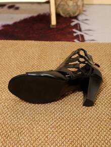 女士踝靴，纯色，后拉链，镂空设计，舒适粗跟，圆头，休闲鱼嘴凉鞋，简约风格，适合夏季派对，黑色短靴 - 黑色 - 查看 7