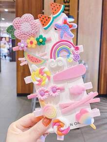 14 Pieces Of Girls' Hair Clips And Scrunchies With Appliques And Designs, Tic Tac, Duckbill Clips - Màu vàng - Xem 3