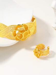 2pcs Middle Eastern Bride Hollow Exaggerated Bracelet & Ring Jewelry Set, Dubai Wedding Jewelry, Suitable For Banquet, Party, Evening Gown - Yellow Gold - View 4