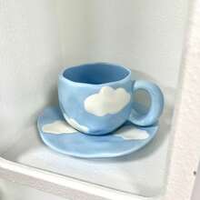 釉下彩陶瓷手绘咖啡杯碟套装，高品质可爱拉花马克杯碟套装 - 彩色 - 查看 17