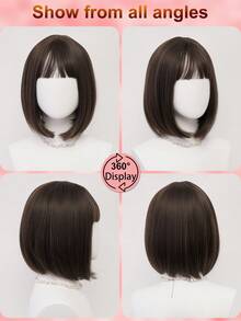 XYUNMI 经典深棕色短款波波头合成假发，轻盈刘海，女士假发，柔软蓬松，现代时尚风格，日常佩戴，简约休闲，适合约会，耐热假发，12英寸 - 棕色 - 查看 5