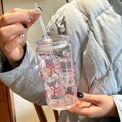 1个16盎司/480毫升容量蝴蝶图案带盖吸管饮料杯，便携式户外旅行饮料果汁杯，适合夏季和冬季使用，生日派对礼物