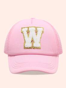 1顶粉色26字母印花网眼帽，儿童棒球帽，男女童遮阳帽，适合户外活动、日常佩戴，防晒 - 金標-粉紅海綿帽 - 查看 60