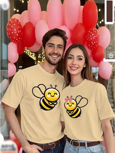 Camiseta de Estilo de Pareja - Linda Impresión de Abeja y Corazón, Top de Manga Corta con Cuello Redondo, Atuendo Casual de Primavera Verano, Lavable a Máquina (Se Vende por Separado para Hombres y Mujeres), Diseño Juvenil, Tela Cómoda DCCX