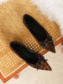 Women's Fashion Pointed Toe Leopard Print Rhinestone Casual Bow Flat Shoes, Spring/Summer - Brown - View 6