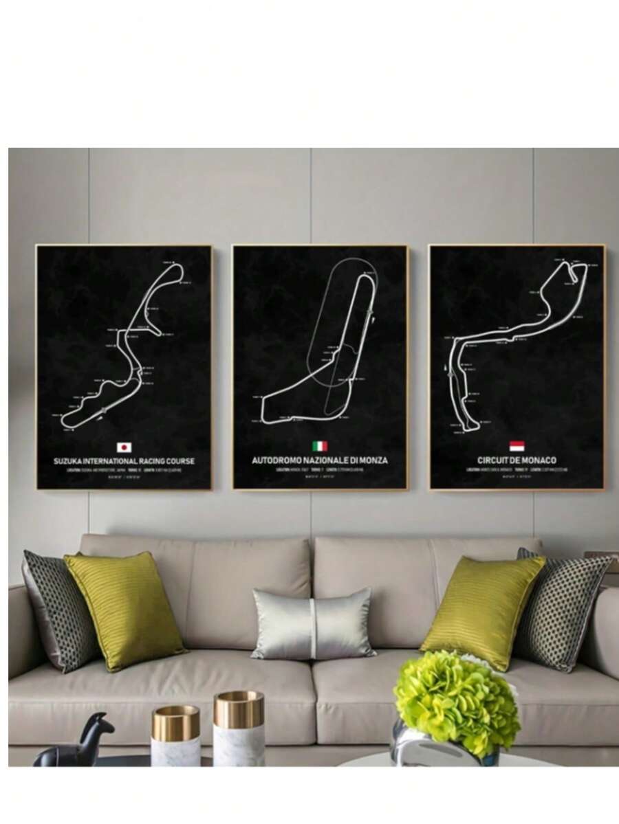 Set Of 3 F1 Circuit Canvas Posters - Vintage Abstract Art, Waterproof Odorless Prints, Suitable For Living Room, Bedroom, Office Decor - Unframed Wall Art Gift - Multicolor - View 1