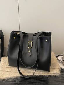 1pc Women's Fashionable Commuter Solid Color Tote Bag, Portable Versatile Large Capacity Shoulder Bag, Suitable For Dates, Shopping, Gifts, Work - Black - View 7