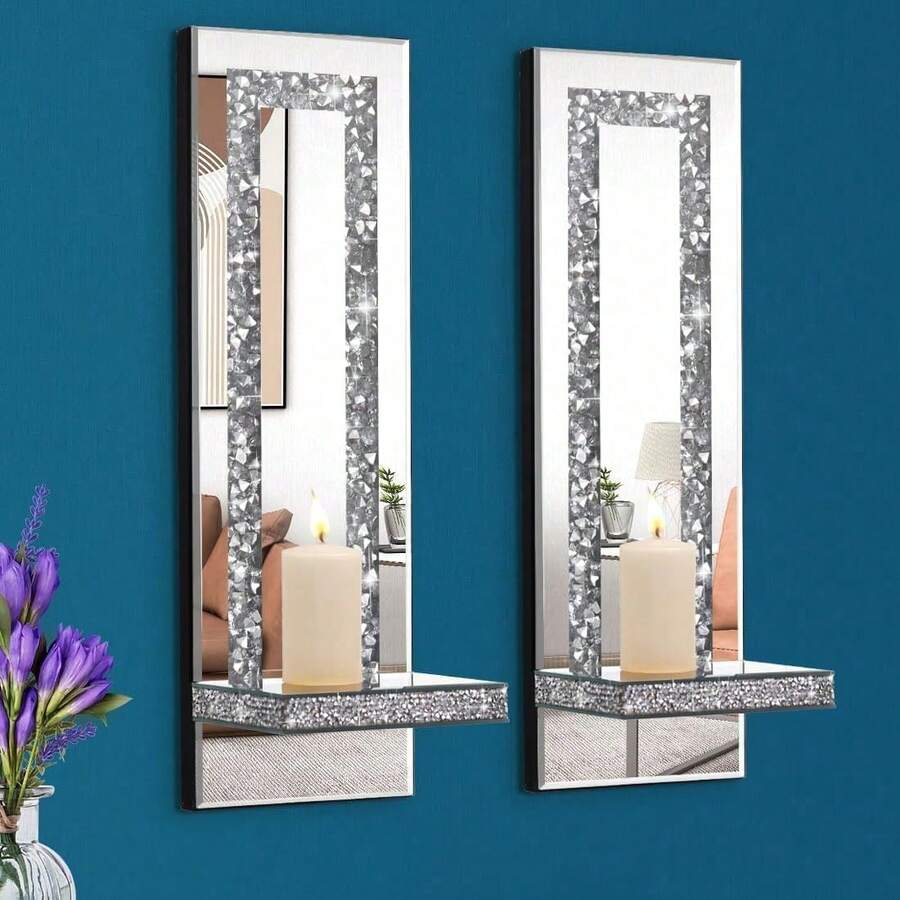 Crystal Crush Diamond Mirrored Candle Sconces, Silver Wall Candle Holder Set Of 2, Wall Decorations For Living Room,Dining Room (Rectangle Stripe (Style 4)) - Rectangle Stripe (Style 4) - View 1