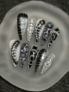 Ten Pieces Of Black Vintage Handmade Nail Art, Handmade False Nails, High-End Black Ombre Style, European And American Hot Girl Style, Long Almond Press-On False Nails, Spring False Nails, Reusable False Nails, Ladies' Gift, Suitable For Girls Or Ladies' Everyday Wear For Parties. Nail Supplies Handmade Press On Nails - Multicolor - View 2