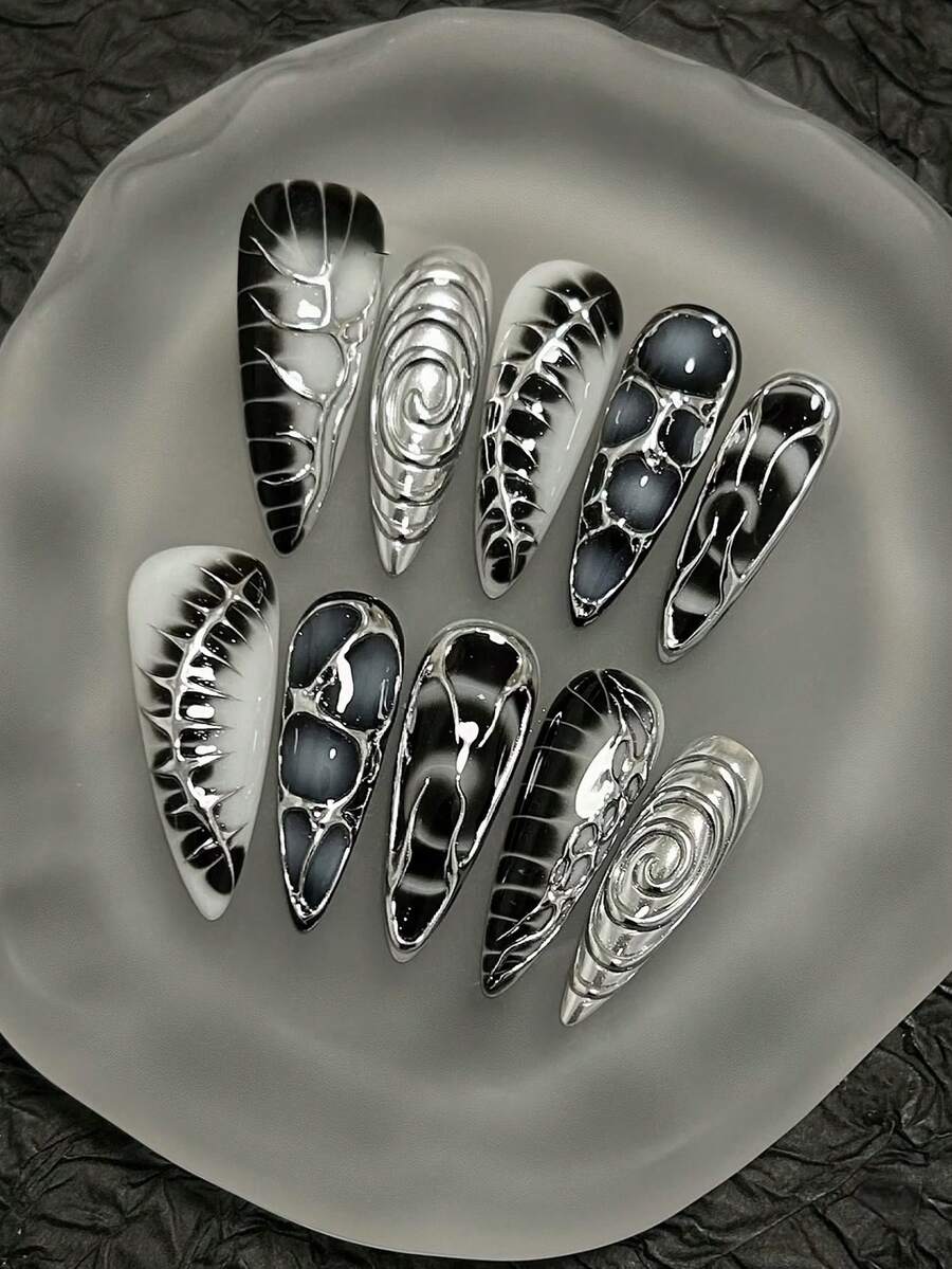 Ten Pieces Of Black Vintage Handmade Nail Art, Handmade False Nails, High-End Black Ombre Style, European And American Hot Girl Style, Long Almond Press-On False Nails, Spring False Nails, Reusable False Nails, Ladies' Gift, Suitable For Girls Or Ladies' Everyday Wear For Parties. Nail Supplies Handmade Press On Nails