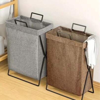 1 pieza Cesta de lavandería plegable con marco de hierro, con asa resistente, hecha de material de mezcla de lino moderno, cesta de ropa sucia plegable de gran capacidad, adecuada para dormitorio, baño, decoración del hogar multifuncional, artículo esencial del hogar, cesta de almacenamiento de ropa, bolsa de lavandería