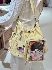 1pc Cute Sweet Campus Style Large Capacity Canvas Drawstring Backpack With Transparent Badge, Bowknot Design, Suitable For Daily, Commute, Party, Shoulder & Crossbody Bag - Multicolor - View 6