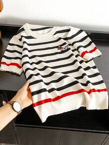 Contrast Stripe Ribbed Embroidery Casual Crew Neck Short Sleeve Knit Top - Champagne - View 1