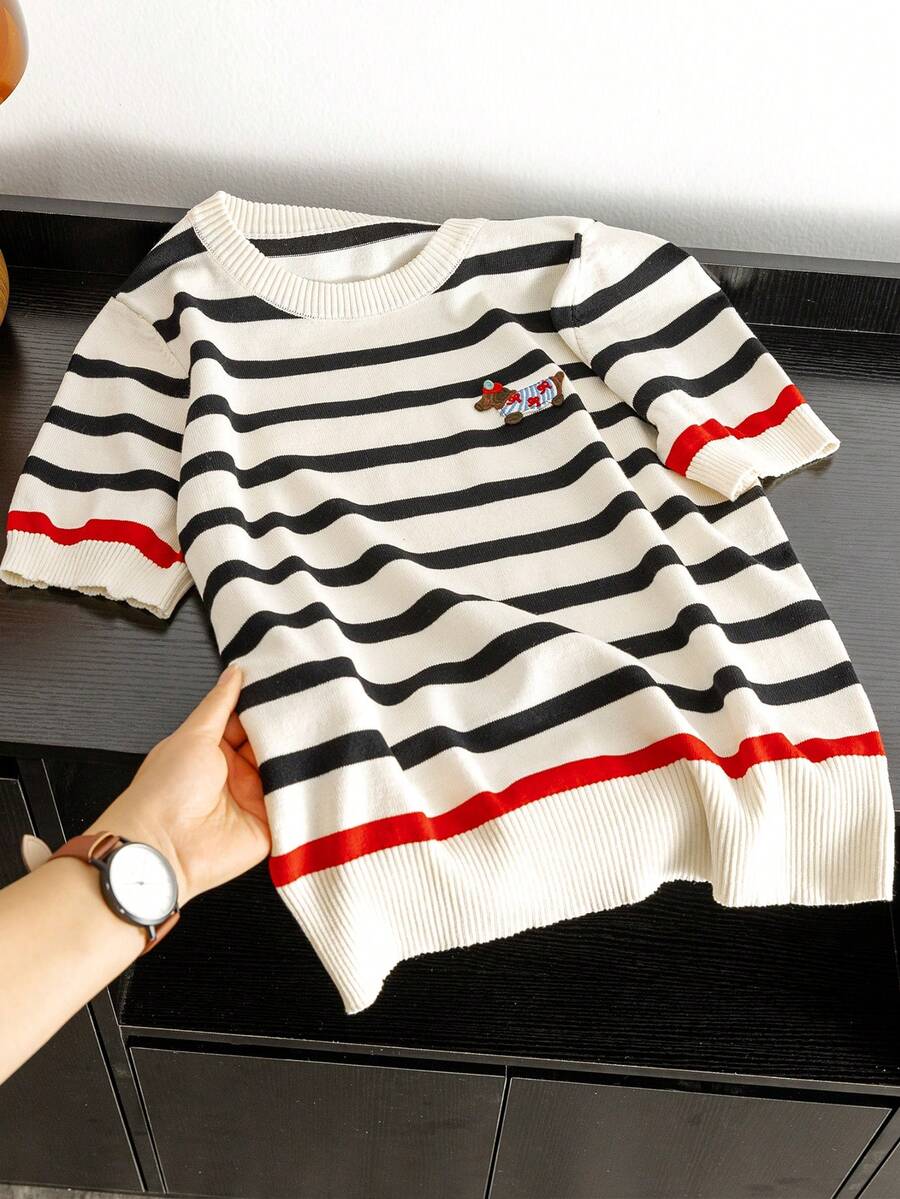 Contrast Stripe Ribbed Embroidery Casual Crew Neck Short Sleeve Knit Top - Champagne - View 1